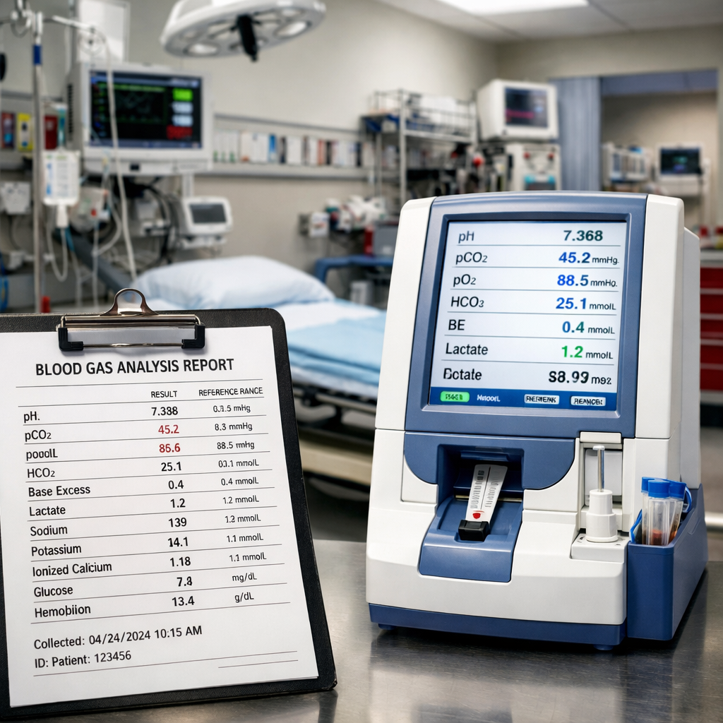 Blood gas analysis report on clipboard with blood gas analyzer machine in hospital room